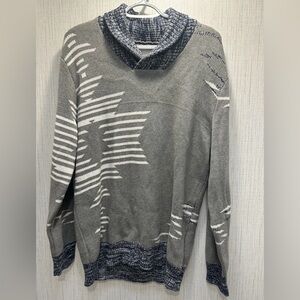 Sun + Stone Gray and White Native Shawl Neck Cotton Sweater
